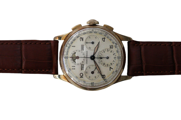 Rare Girard Perregaux Moon Phase Tri-Compax 14k Gold c.1940s