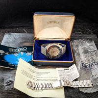 Super Vintage Seiko Pogue Auto Chronograph Wristwatch Silver Dial Full Set c.1972 Box/Papers Original Bracelet