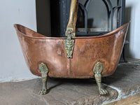 Stunning English Victorian Antique Copper & Brass Lion Mask Handle & Paw Feet Kindling Log Bucket