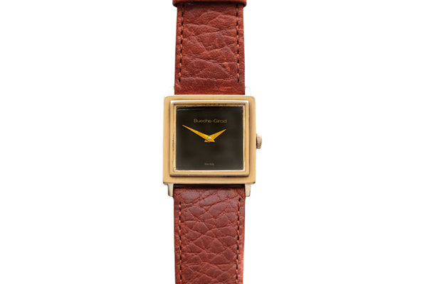 Vintage Bueche Girod 9ct Gold Square Wristwatch Onyx Dial c.1977