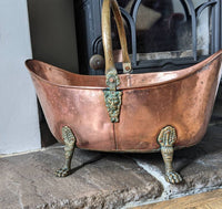 Stunning English Victorian Antique Copper & Brass Lion Mask Handle & Paw Feet Kindling Log Bucket
